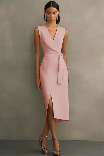 Black Satin V-Neck Bodycon Long Formal Dress with Sash